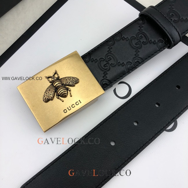 Gucci Monogram Leather Belt Brass Square Bee Decor Buckle